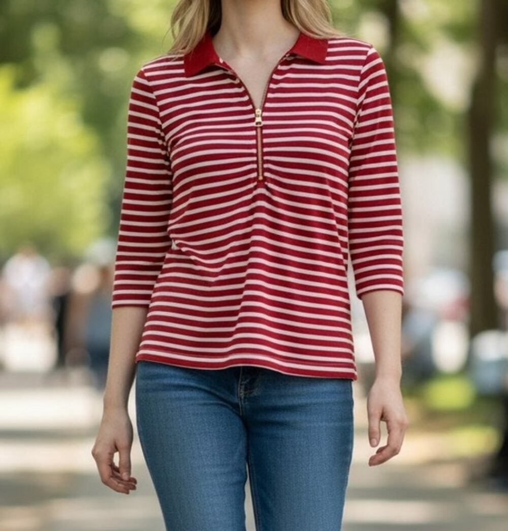 Michael Kors Red White Striped Top Women's Large 3/4 Sleeve Zip Front Blouse